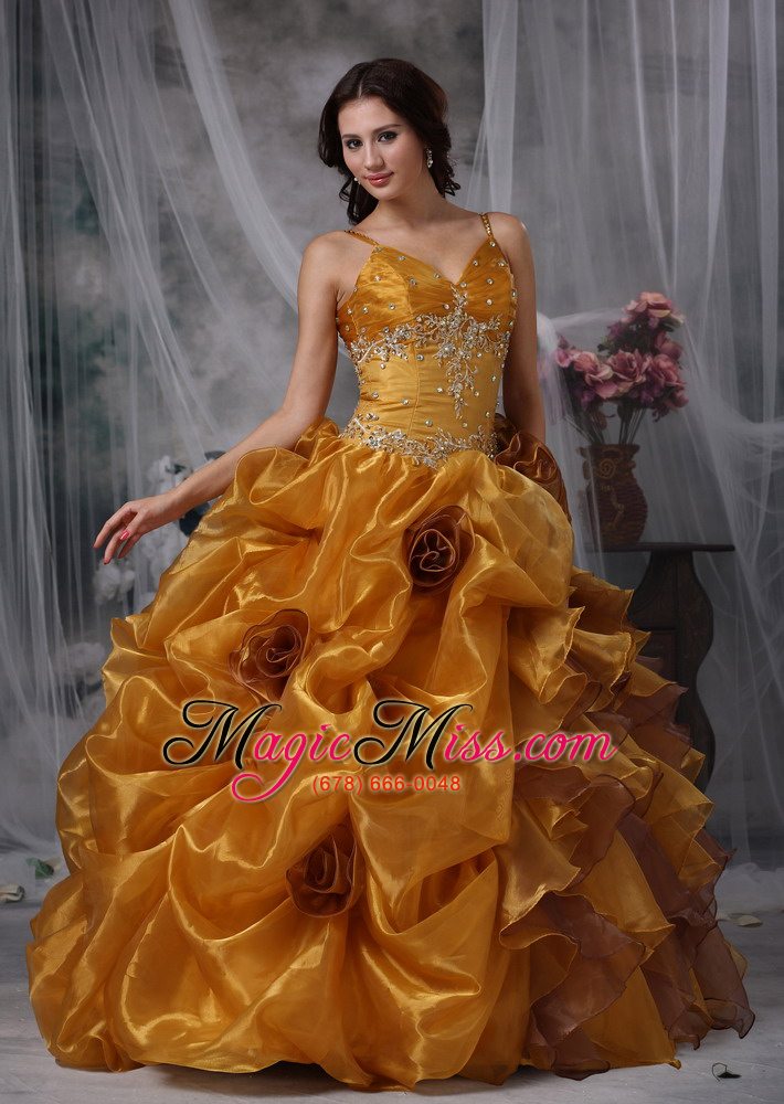 wholesale brown ball gown straps floor-length organza beading quinceanera dress